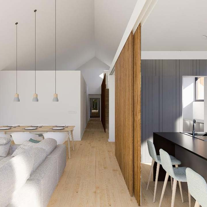 Vista del salón cocina de la Passivhaus en Ourense